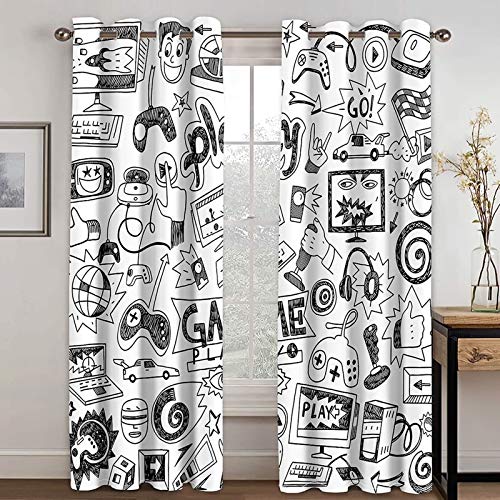 ANAZOZ 2 Cortinas Dormitorio Opaca Cortina Poliester Habitacion Play Game Consola de Juego Gris Negro Blanco Cortina de Dormitorio 2 x 107W x 115H CM