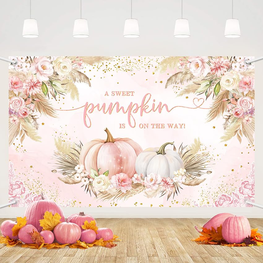 AIBIIN Pumpkin Baby Shower Backdrop - Girl 'Little Pumpkin' On The Way - Fall Pink Thanksgiving Party Decorations - 70.8x43.3