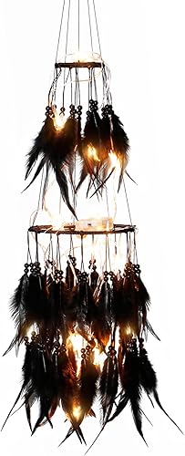 Miniatura 10 de Dremisland Atrapasueños de plumas blancas de doble círculo con luces LED móviles, adornos para colgar en la pared, decoración de techo para