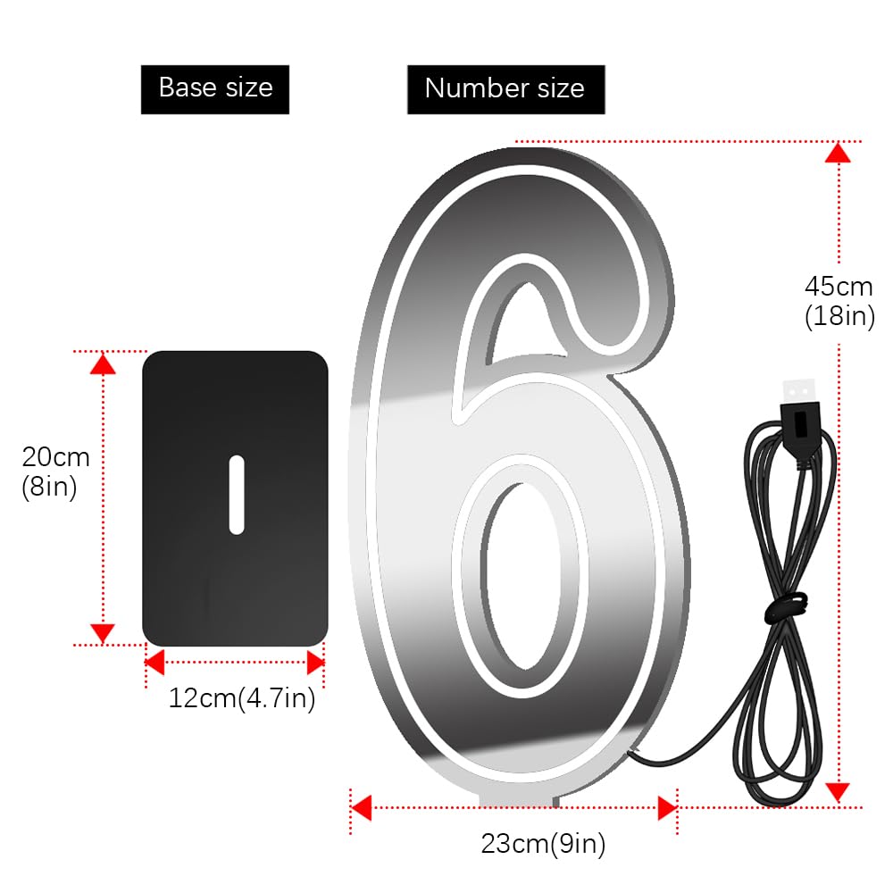 Insegna al neon 3D a LED con numero 6, 45,7 cm, dimmerabile, cambia colore, infinito a mille strati, luce a specchio alimentata tramite USB, per feste di compleanno (numero 6)