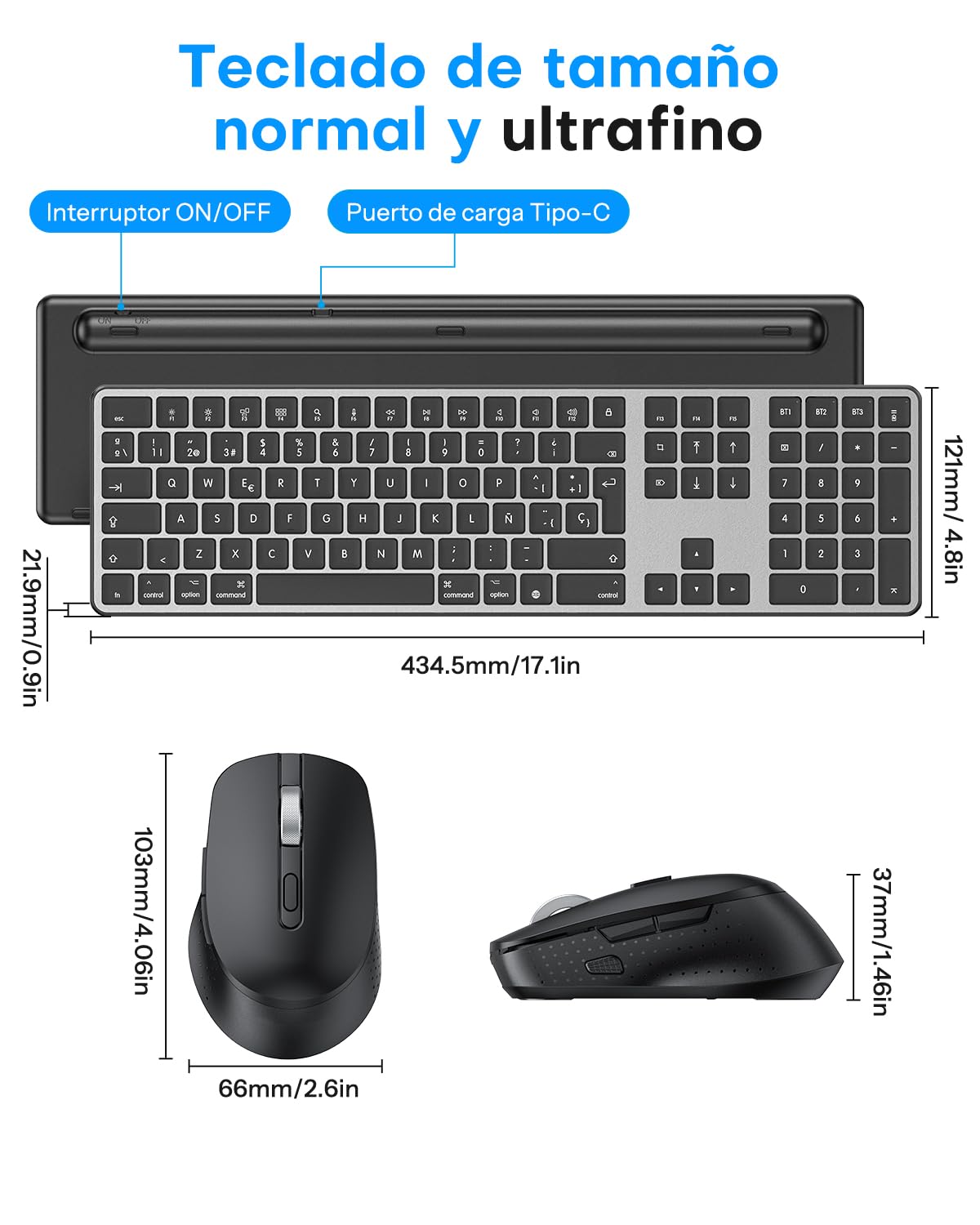 OMOTON inalámbrico Bluetooth Teclado y ratón para Mac (MacBook Air/MacBook Pro/iMac/iMac Pro),Teclado y ratón USB Recargables para Mac OS, con 3 Canales Bluetooth, Escritura silenciosa, Gris