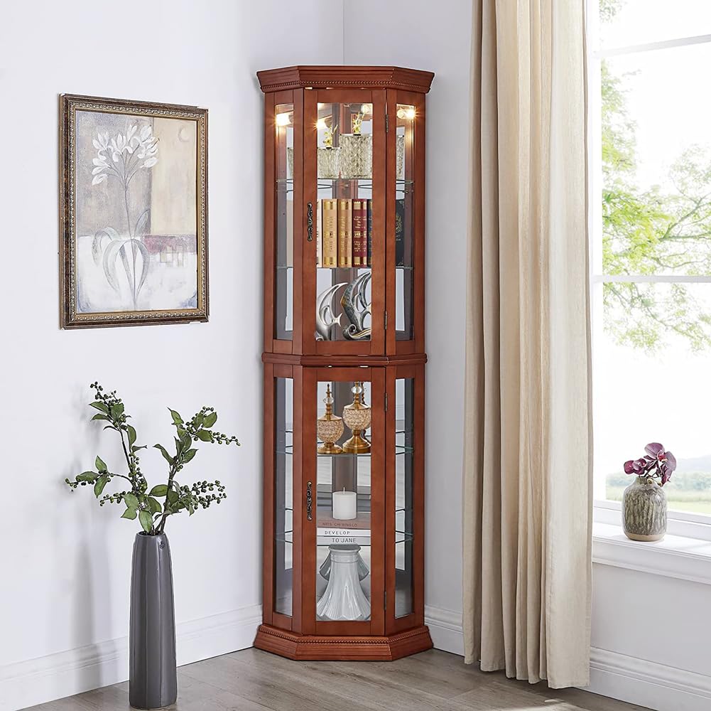 Corner Curio Cabinet with Lights,Bar Storage Cabinet, Adjustable Tempered Glass Shelves, Mirrored Back, Display Cabinet,Walnut (E26 Light Bulb not Included)