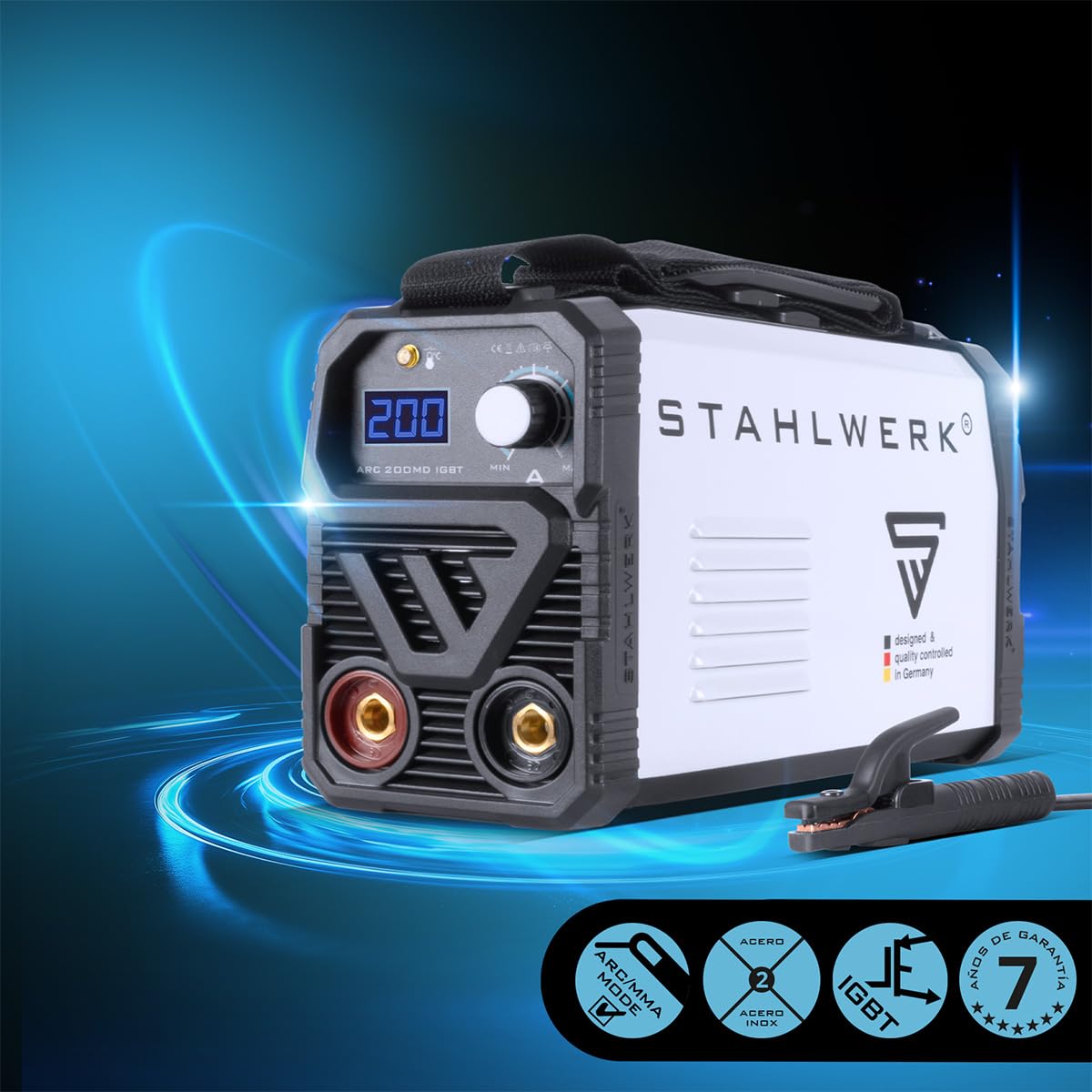 STAHLWERK Soldadora de electrodos 160 MD – Equipo completo – Máquina de soldar MMA/Electrodo, 160 A, uso flexible sin gas, compacta y ligera, ampliable a DC TIG, Anti-Stick, refrigeración inteligente