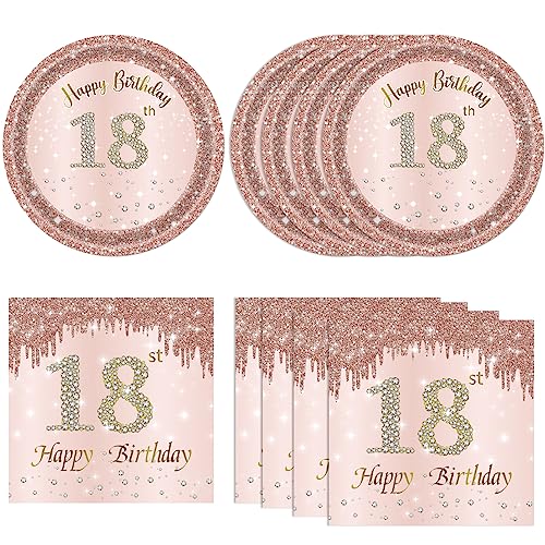 40PCS 18th Birthday Decorations for Girls Rose Gold Birthday Party Decorations Supplies Included Paper Plates and Napkins Happy 18 Years Birthday Party Tableware Set for 24 Guests