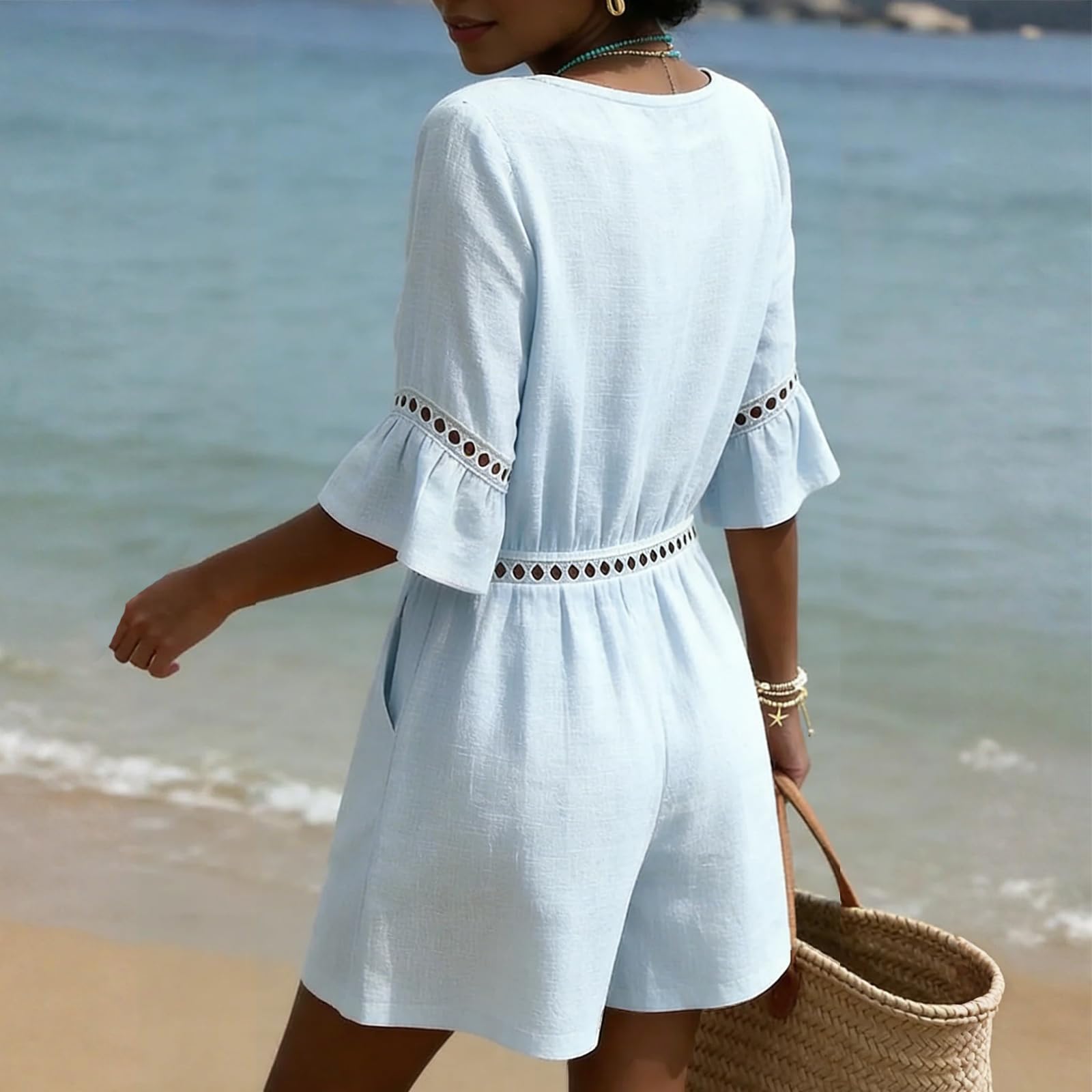 Lin Combinaisons Femme Couleur Pure Col en V Demi-Manche Vetement Femme Ete Combishorts Classique Unique Legere Respirante Combinaison Short Detente Plage