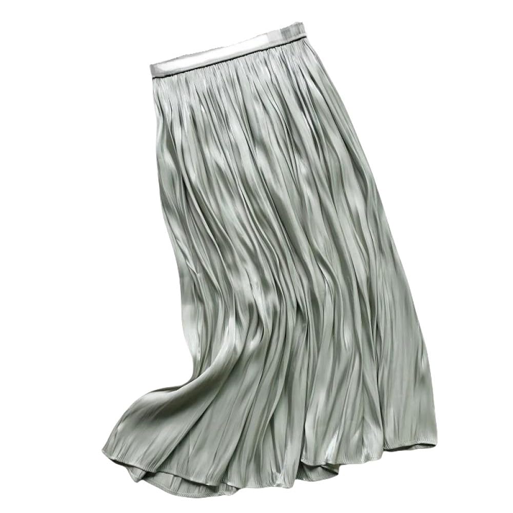 Gonne Da Donna,Gonna Midi In Raso Da Donna Gonna A Pieghe Increspata Lucida Verde Salvia Elegante Linea Ad A Scintillante Grande Altalena Tinta Unita Increspato Gonne Lunghe Per Ragazze Donna Primav