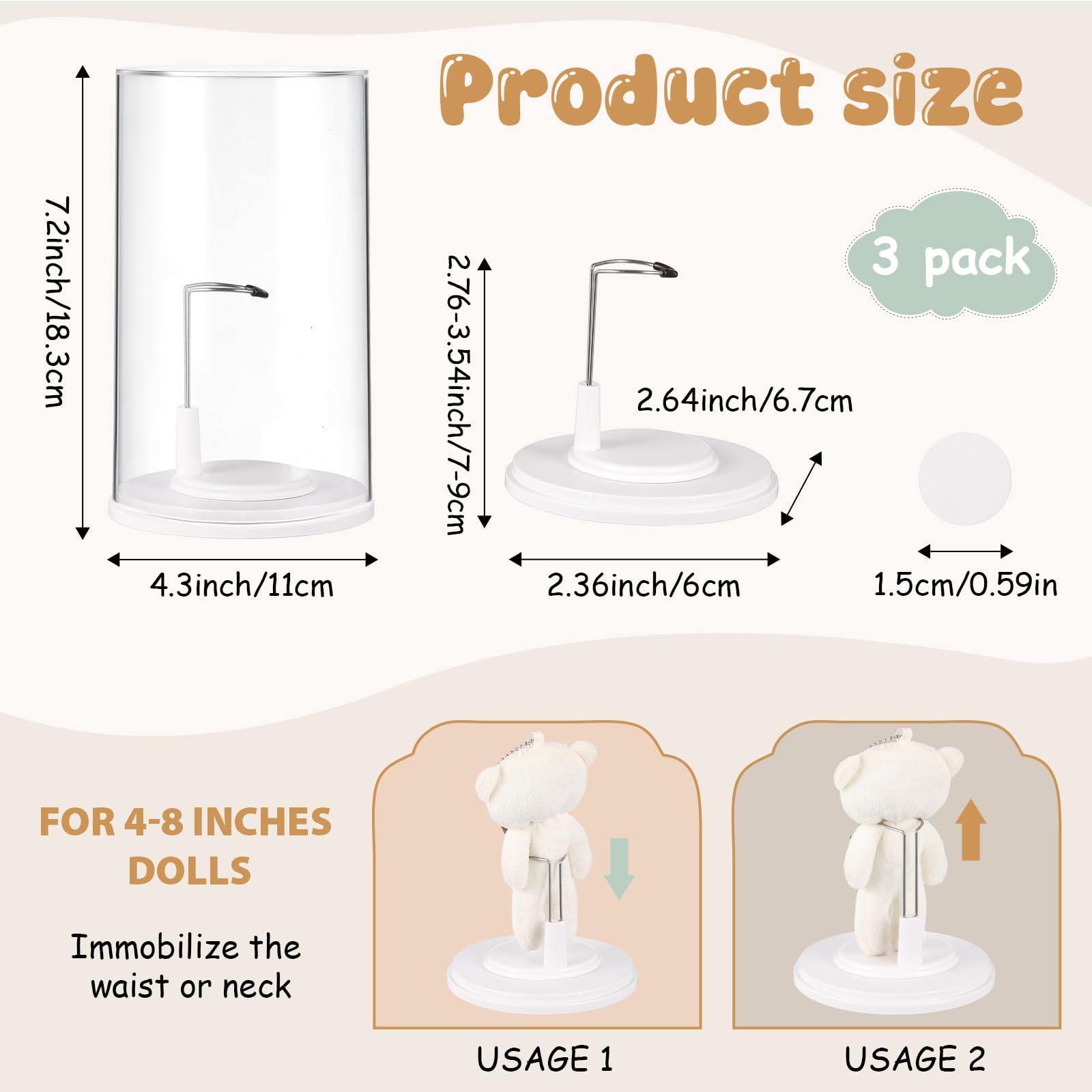 Simgoing 3 Set Puppenständer mit transparenten Vitrinen, Actionfigurenständer für 10,2 - 20,3 cm große Puppen, verstellbarer Taillenclip-Halter mit Puppen-Aufbewahrungsbox für Zuhause, Geschäft