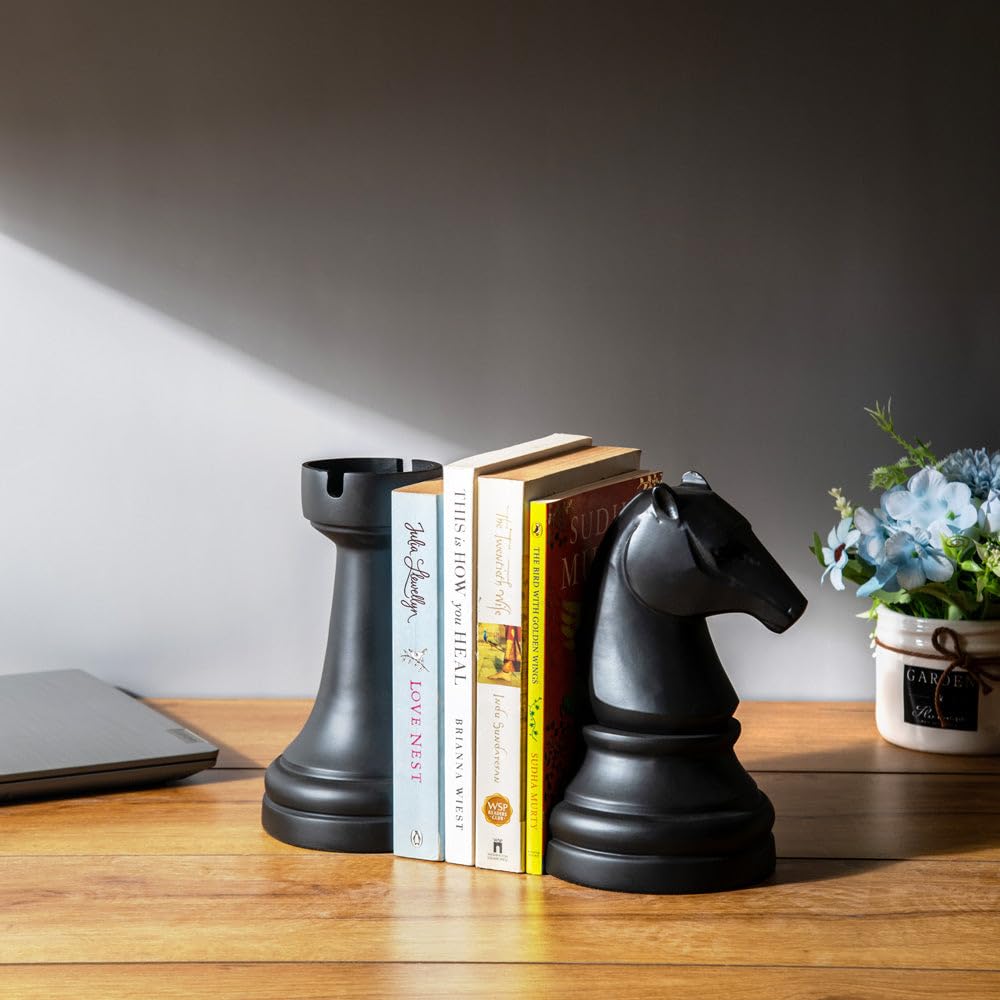 ESQ Living Knight and Rook Bookends for Shelf | Decorative Chess Bookends for Shelves and Home | Book end/Stopper for Office Decor, Heavy Books, Living Room & Bedroom - Set of 2 (Black)-image-10