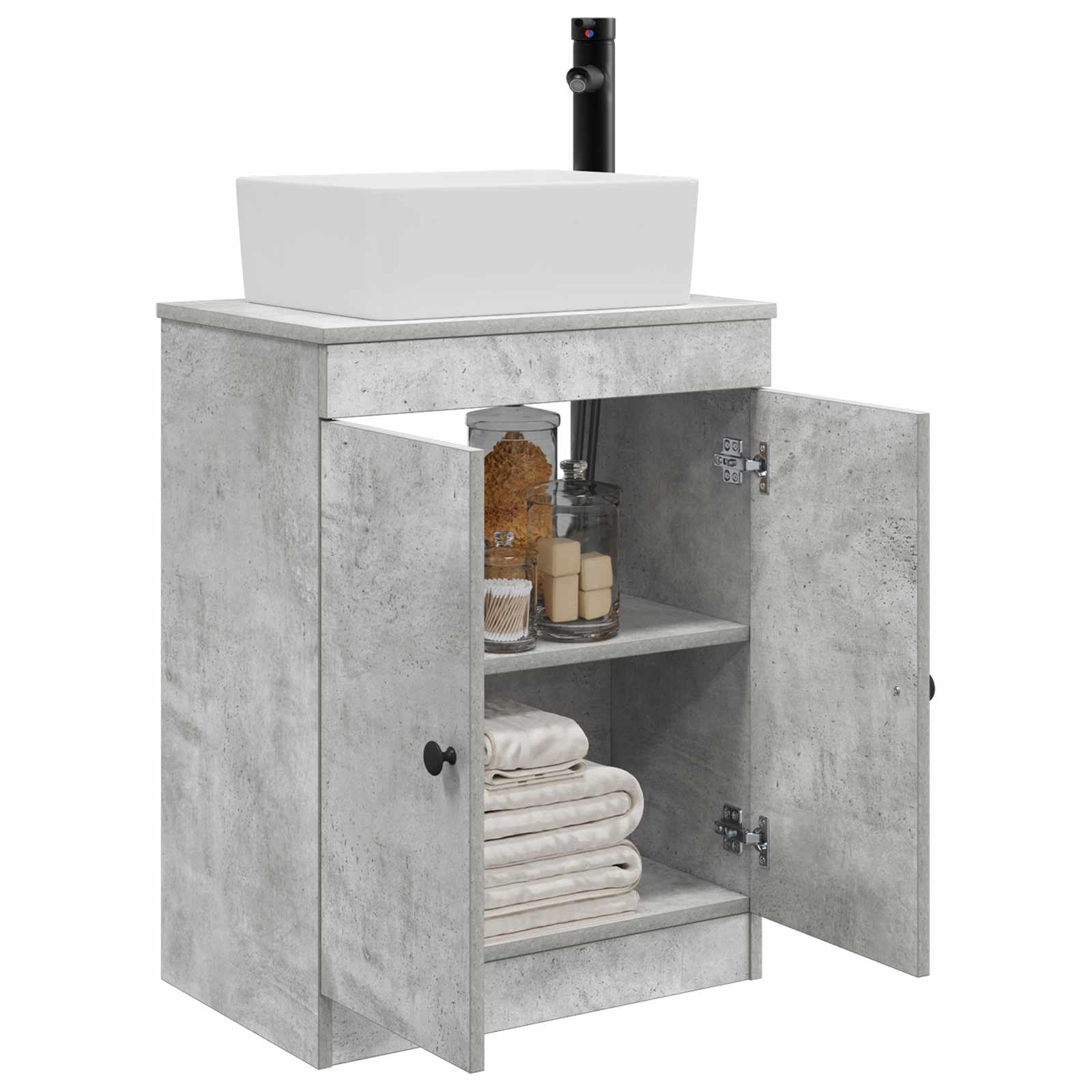 Mobile sottolavabo grigio cemento 54 cm con lavabo | legno, maniglie a bottone in metallo, porte a 90 gradi, ripiani integrati, facile da montare