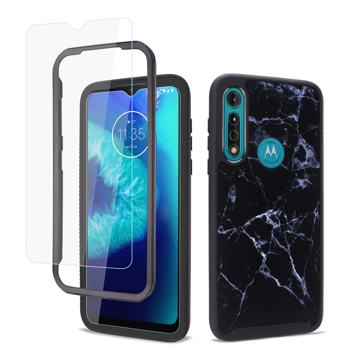 Full Body Rugged Shockproof Protective Case with HD Screen Protector for Moto G Power(2020)-Black Marble
