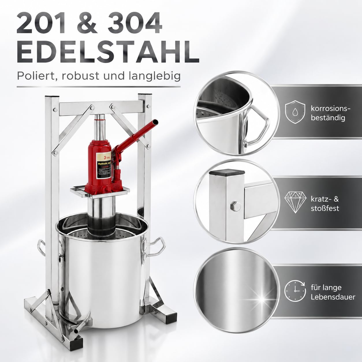 12L 3T Edelstahl Obstpresse Obstmühle Frucht Saftpresse Weinpresse Apfelpresse mit Trommel, ​Pressenrahmen und Hydraulic Jack