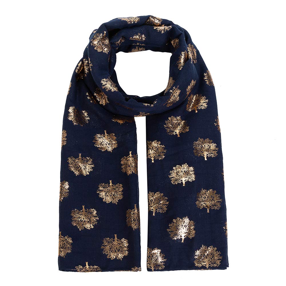 London Scarfs Women's Navy Glitter Mulberry Trees Scarf Foil Printed Tree Fashion Wrap (Navy)
