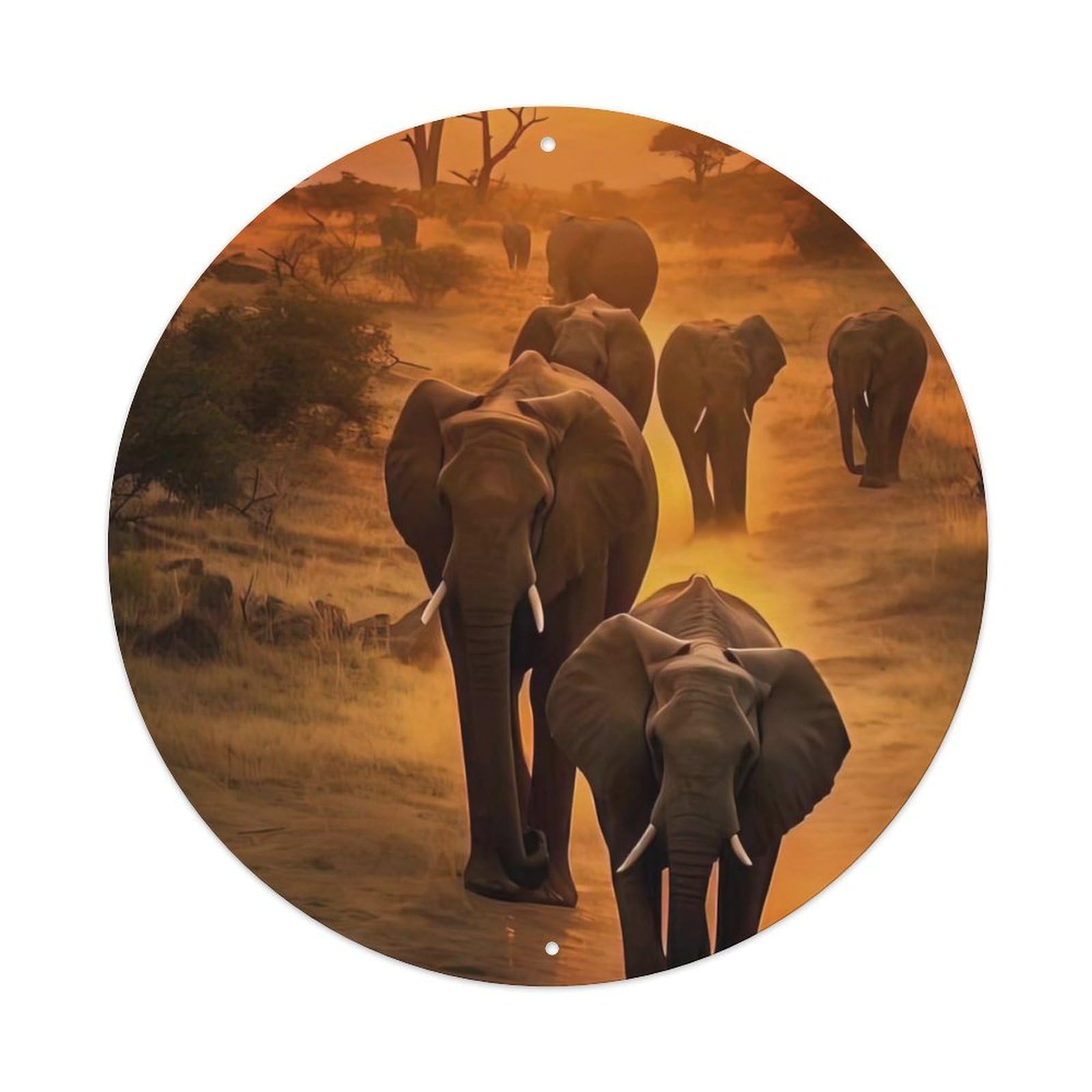 Animal African Elephant Sunset Migration Savannah Wildlife Vintage Metal Tin Sign Plaque Wall Decor for Cafe, Club Bar, Office, Garden Metal Poster 8x8Inch