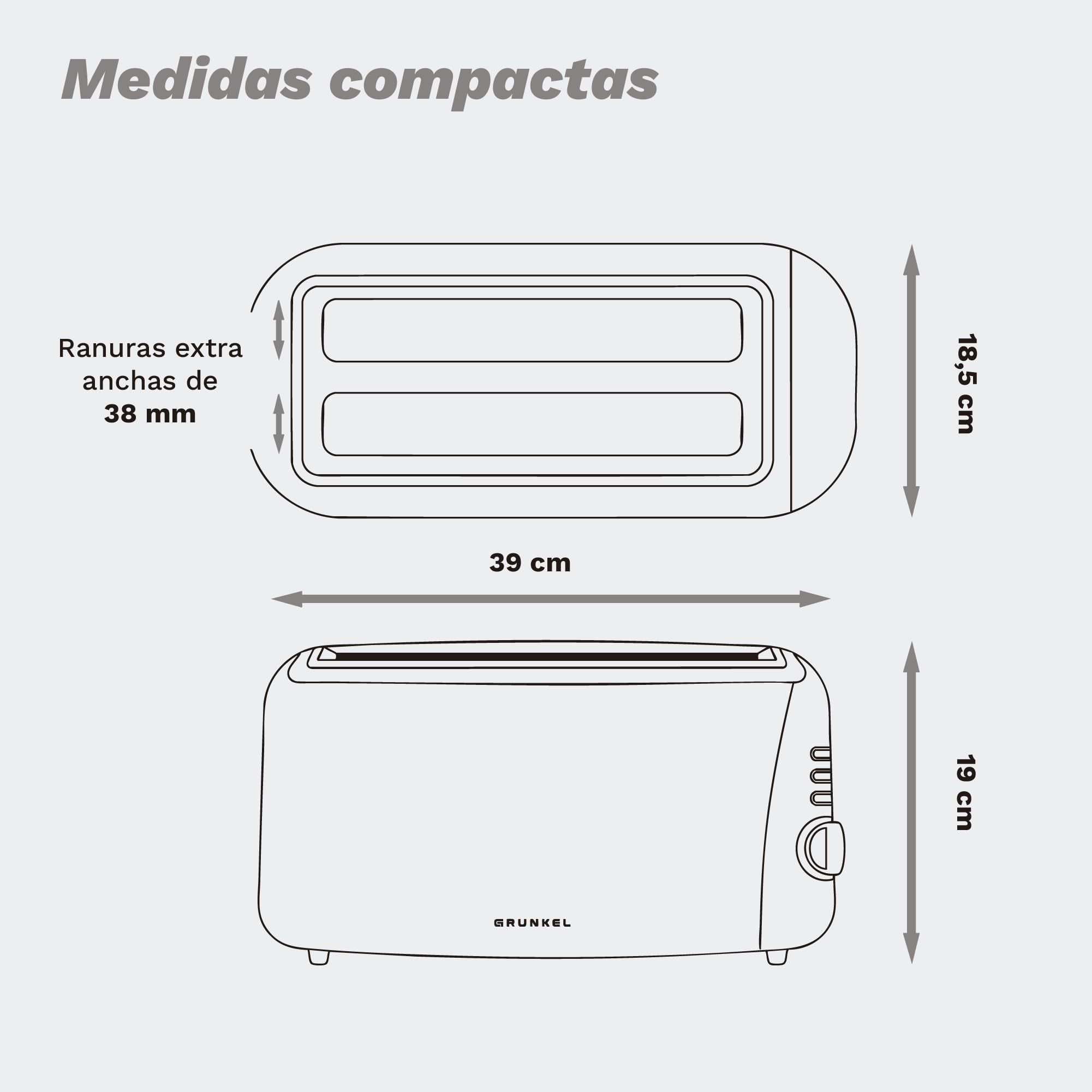 Grunkel - Tostador TS-DOBLEMAXI - Con ranura extra ancha con 7 niveles de tostado, bandeja recogemigas extraíble y recogecable. Función recalentar, descongelar y cancelar - 1400W - (Ranura doble)