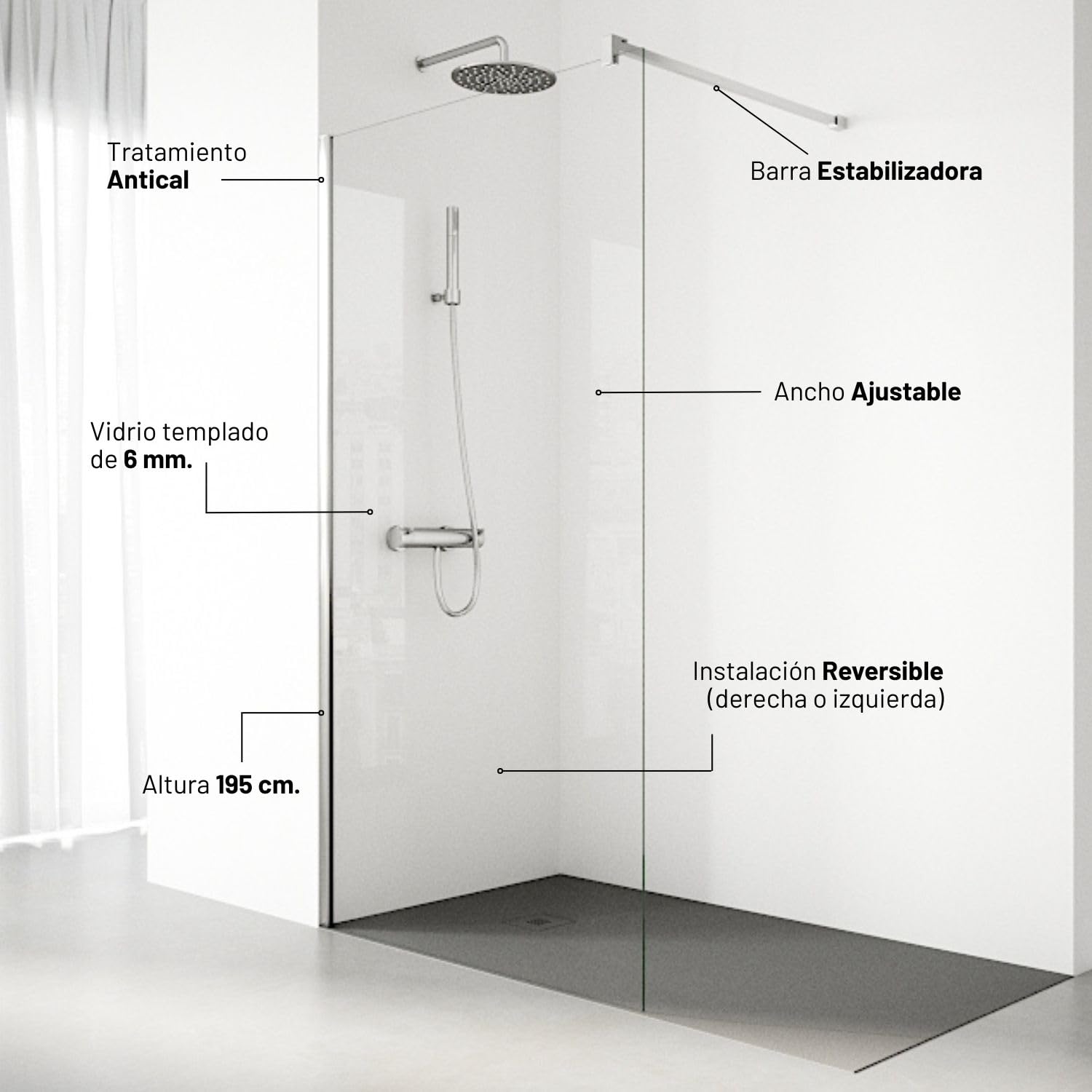 Mampara de Ducha Fija modelo SERIE 100 de 100x195 cm - Vidrio Templado, Antical, Transparente y Reversible de 1 Hoja de 6 mm - Con Barra Estabilizadora y Perfil color Plata Alto Brillo - REALSHOWER
