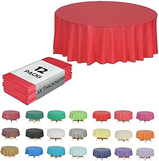 Evershine (12-Pack Heavy Duty Plastic Table Covers Tablecloth (Reusable) (Round 84", Red)