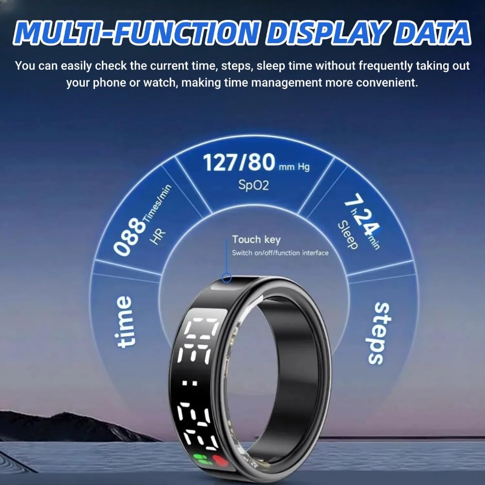 Smart Ring Health with LED Display Screen, Activity Tracker/Heart Rate/SpO2/Sleep/Step, Bluetooth Connection Smart Rings for Women Men, IP68 Waterproof Smart Ring for iPhone & Android (Silver, 8)