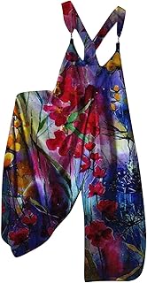 NAMTYQX 2024 Summer Fashion Wide Leg Overalls，Womens Cotton Baggy Pants Boho Floral Printed Loose Fit Jumpsuits Rompers