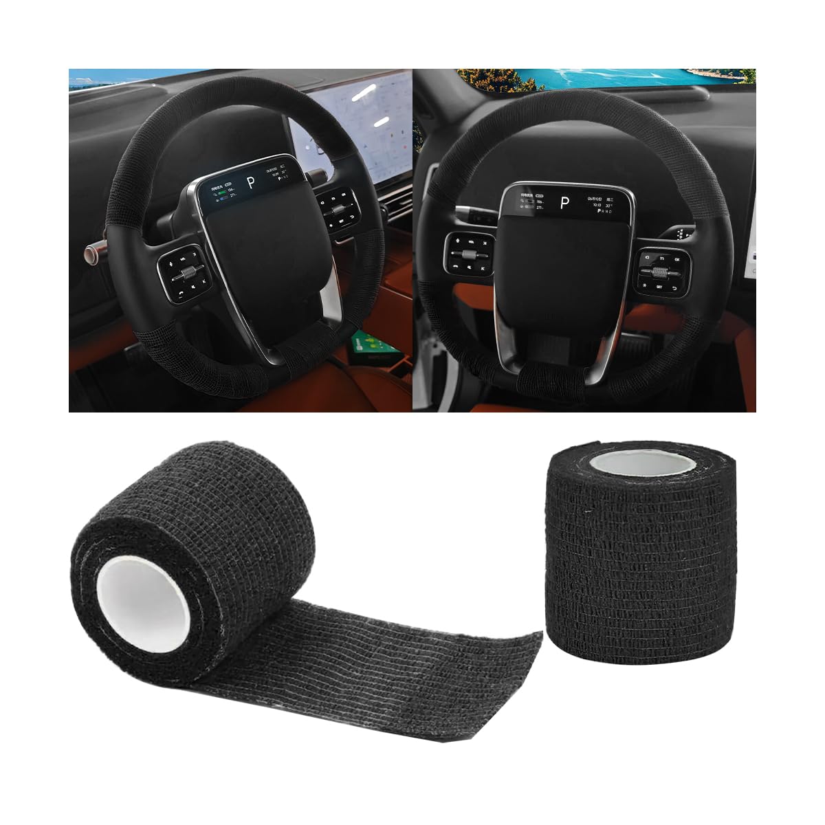 KHGUZ - Cinta adhesiva para volante de coche (2 unidades), antideslizante, absorbente del sudor, transpirable, accesorios universales para SUV, RV, camión, color negro