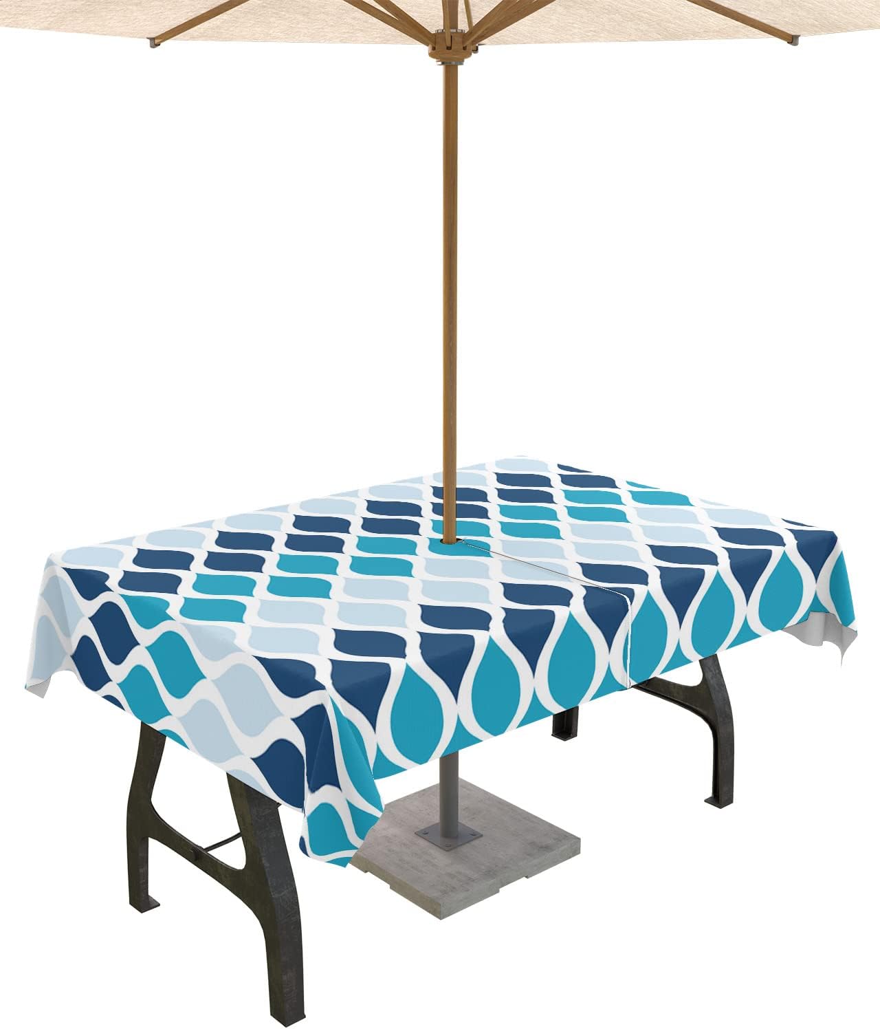 Abstract Geometric Outdoor Rectangle Tablecloth with Umbrella Hole 60x102,Wrinkle Free Wipeable Fabric Table Cloth Waterproof Zippered Cover for Patio Party,Turquoise Navy Blue Morocco Wavy Stripes