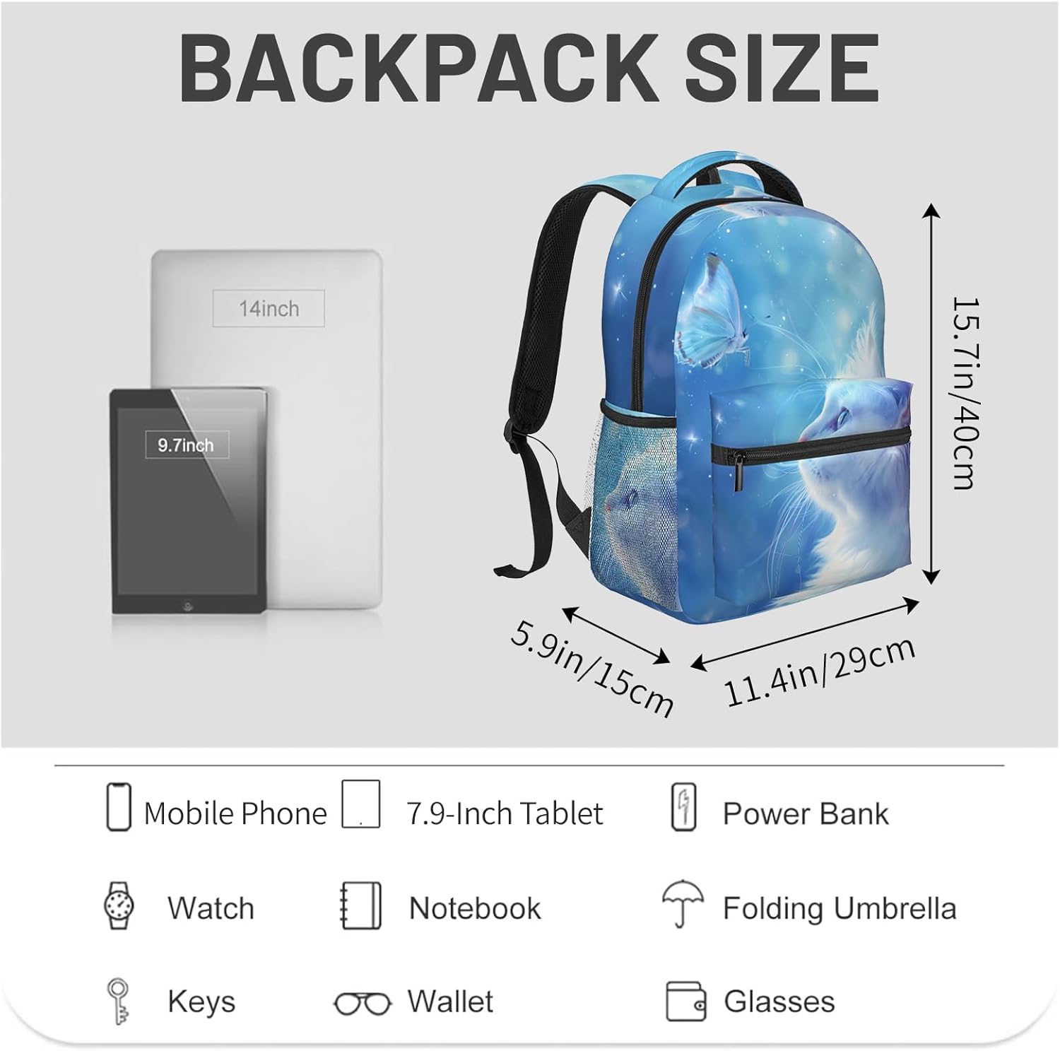 Cat Backpack Gifts for Girls Boys Kids Teens, Travel Backpacks Laptop Rucksack, Bookbag, Dreamy White Cat with Blue Butterfly Back Pack Accessories Bags for School, Work, Outdoor Adventures