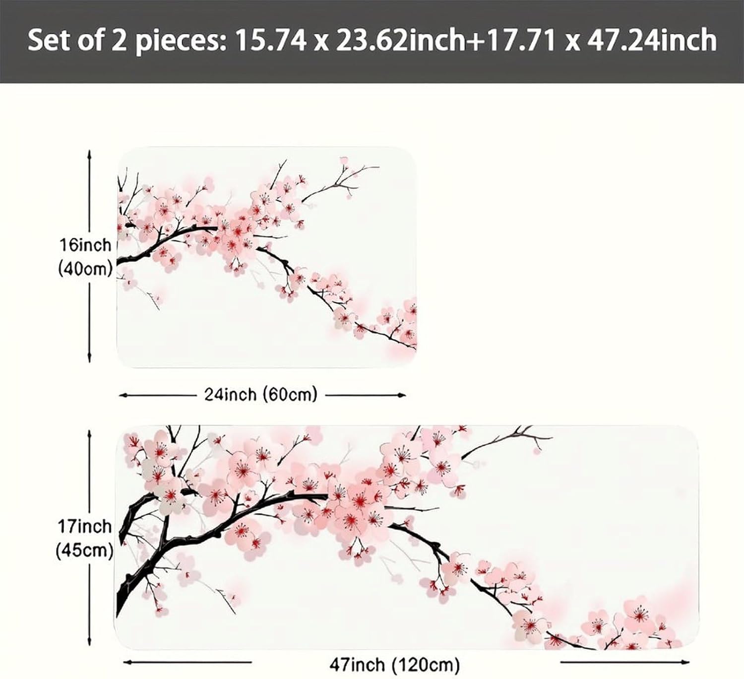 Cherry Blossom Floral Kitchen Mats for Floor 2 Pieces Set, Anti Fatigue Cushioned Standing Floor Mats Non Slip Washable for Sink Laundry Floor 24'' X 16''+47'' X 17''