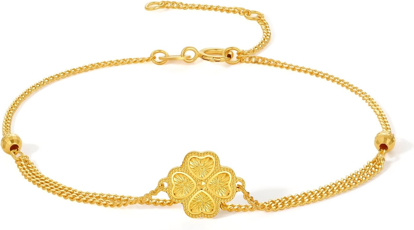 ZHOU LIU FU18K Gold Bracelet for Women Clover Chain Bracelets Lucky Leaf Charm Link Adjustable Bangle Trendy Dainty Charms Yellow Gold Bead Cute Stackable Cuff Stackable Thin Bangles Flower Jewelry 18kt Gift