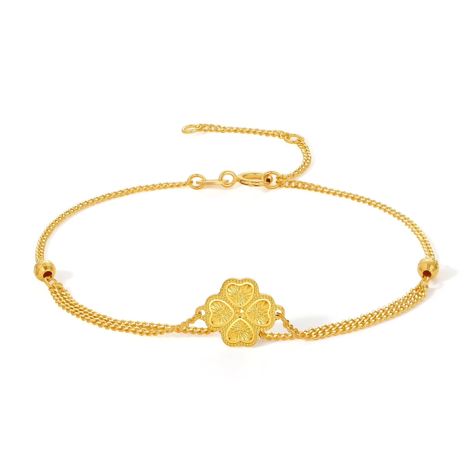 ZHOU LIU FU18K Gold Bracelet for Women Clover Chain Bracelets Lucky Leaf Charm Link Adjustable Bangle Trendy Dainty Charms Yellow Gold Bead Cute Stackable Cuff Stackable Thin Bangles Flower Jewelry 18kt Gift