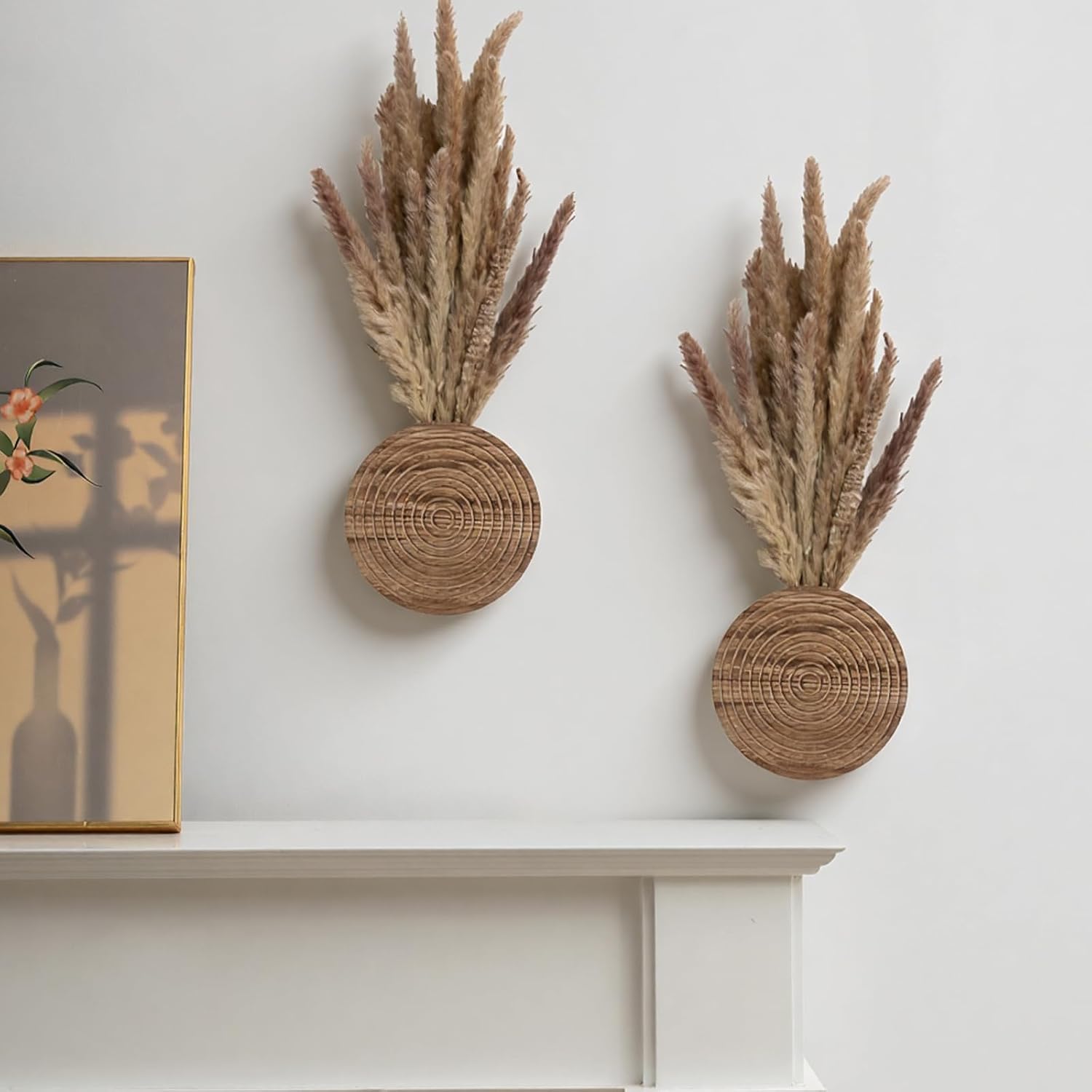 2 Pack Wooden Round Wall Vase for Indoor Plants Boho Modern Farmhouse Wall Decoration for Living Room, Bathroom Entryway, Hallway Artificial Flower Plants