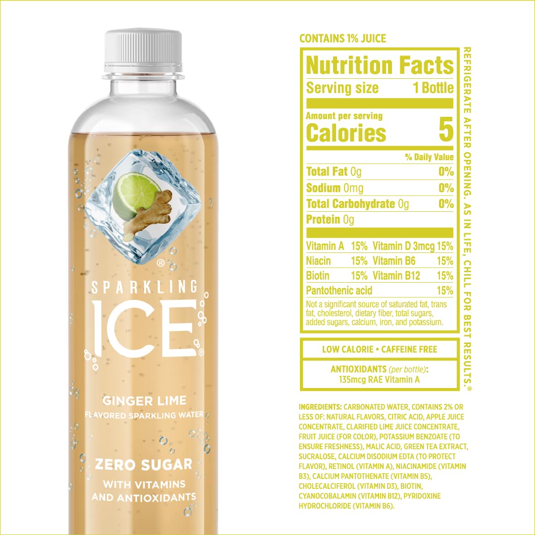 Sparkling Ice, Ginger Lime Sparkling Water, Zero Sugar Flavored Water, with Vitamins and Antioxidants, Low Calorie Beverage, 17 fl oz Bottles (Pack of 12)