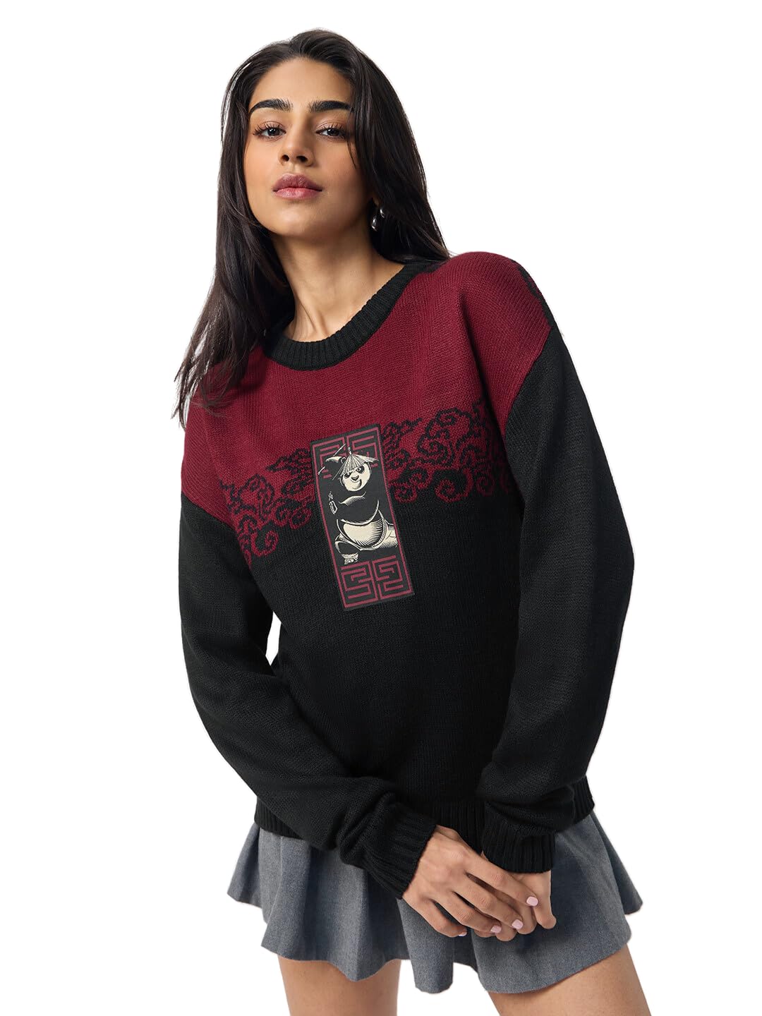 the souled store Kung Fu Panda: Warrior Strength Women and Girls Full Sleeves Round Neck Black and Red Embellished Acrylic Drop Shoulder Lightweight Casual Oversized Pullover Sweater-picture-31
