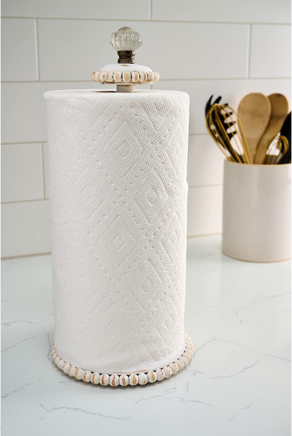 Mud Pie Doorknob Wood Beaded Paper Towel Holder, White, 15"