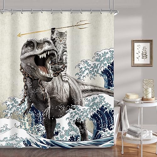 Ufeela Cooler Katzen-Duschvorhang 152x183 cm (BxH), gruseliger Dinosaurier, Dino, japanische Ozeanwelle, Kinder, lustig, für Badezimmer, Dekorationssets, Polyester, dekoratives Zubehör mit 12 Haken