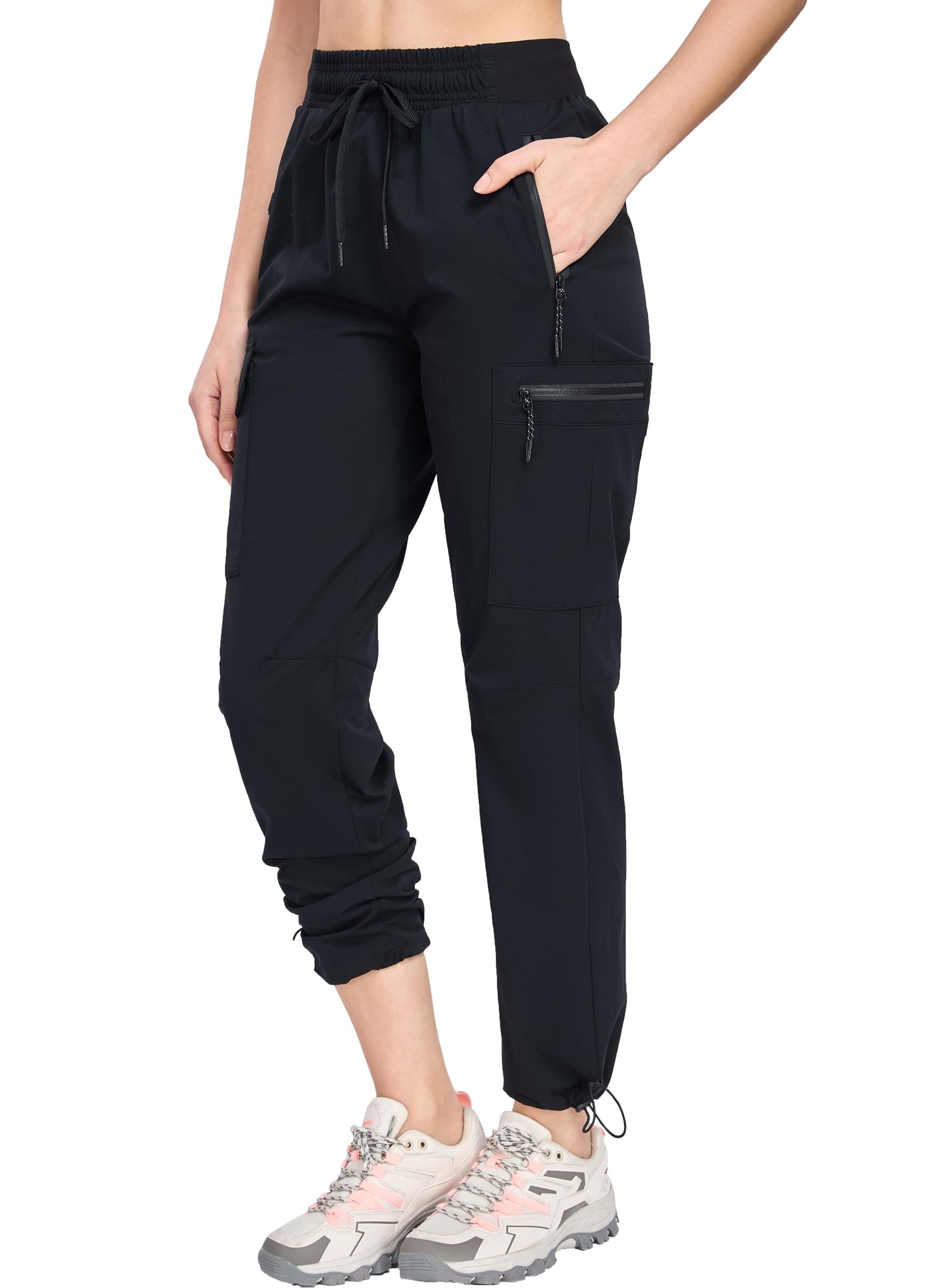 Oalka Women's Hiking Pants Water Resistant Quick Dry Knit Waist Cargo Pockets Pants Black M