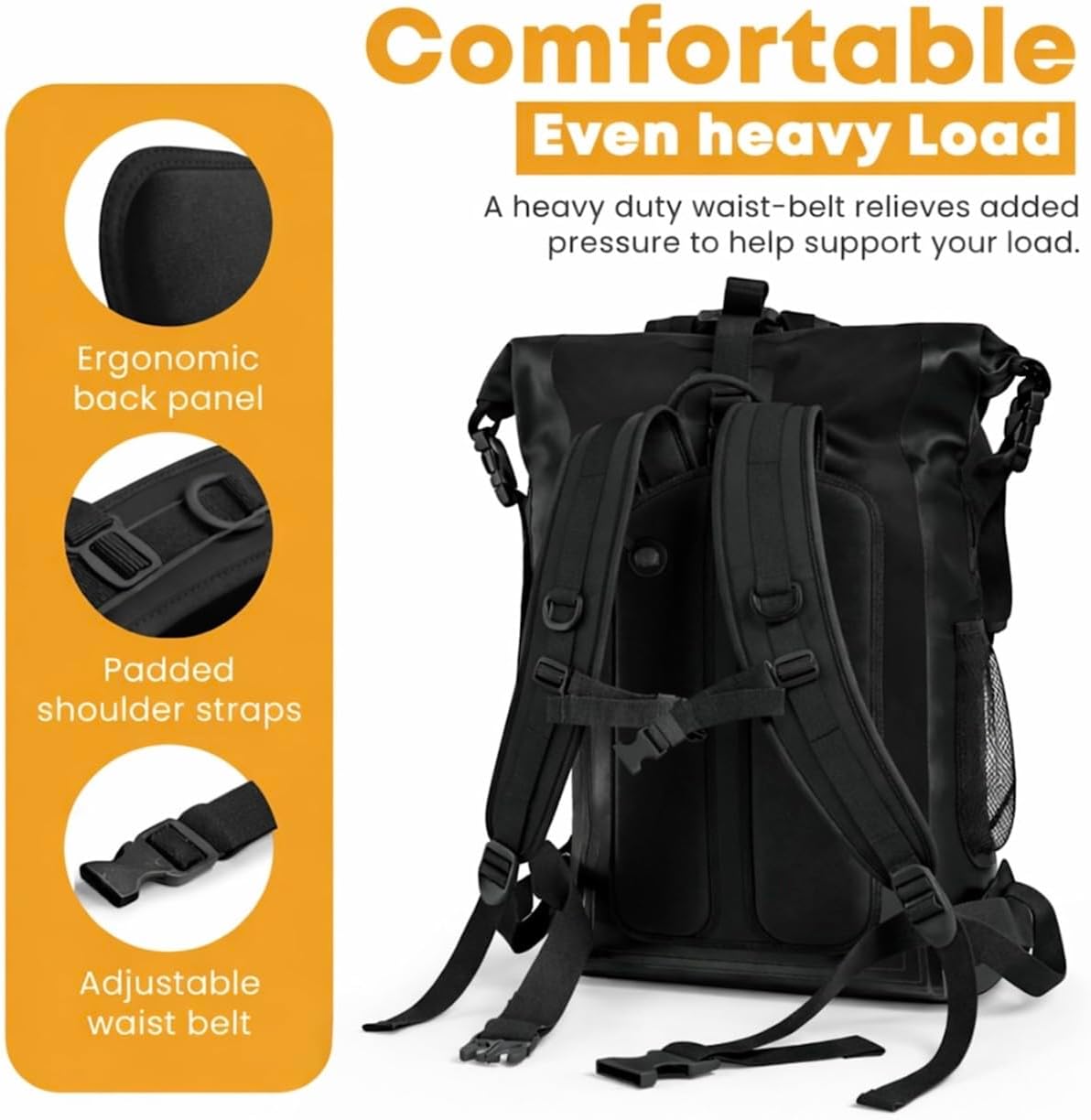 SVN Supply Co. Heavy-Duty Waterproof Backpack – Roll-Top Dry Bag for Hiking, Kayaking, Camping & Outdoor Adventures – Padded Shoulder Straps (Black)