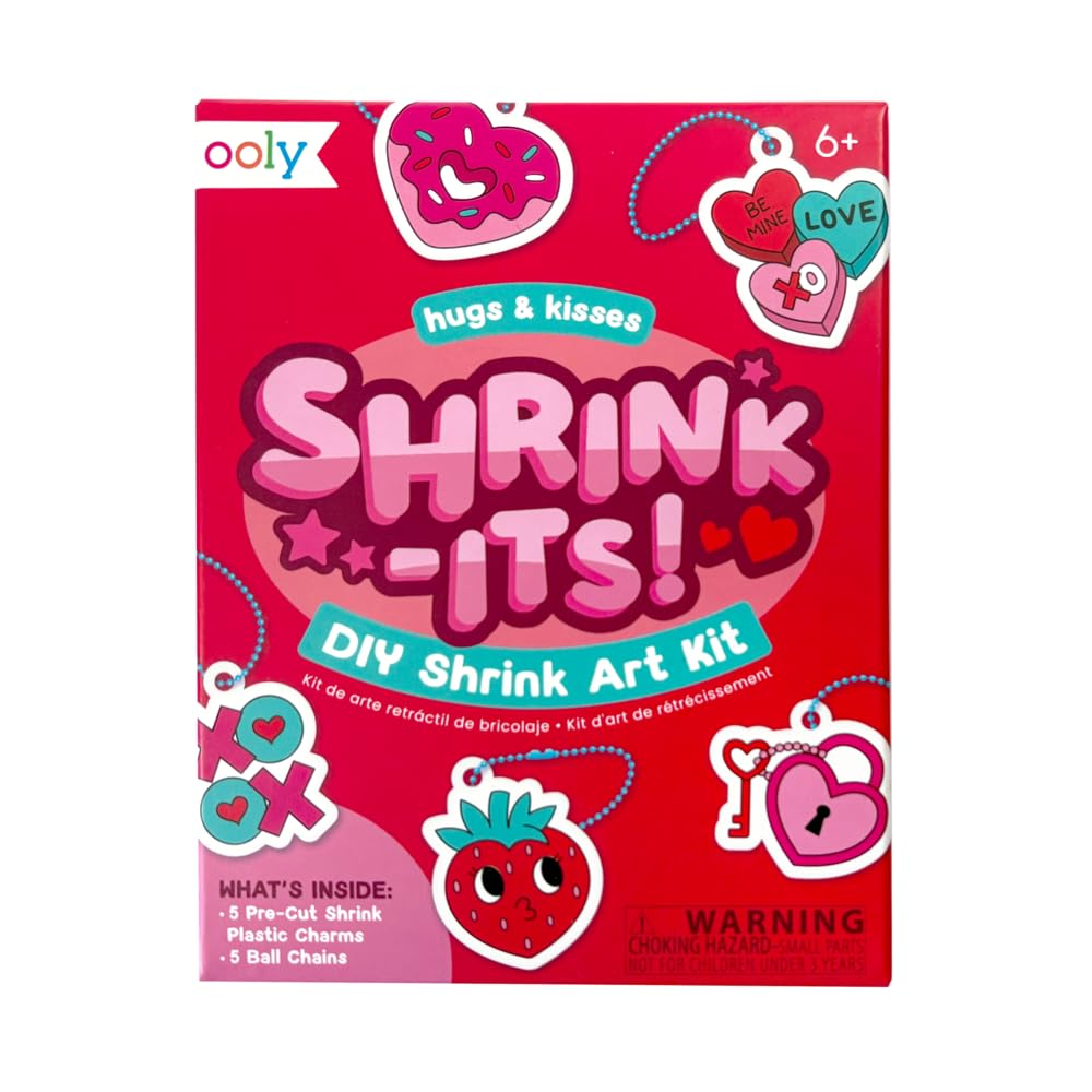 Ooly Mini Shrink-Its DIY Shrink Art Kit – 5 Pre-Cut Shrinking Plastic Charms and 5 Ball Chains, Hugs and Kisses, 10 Pc Set