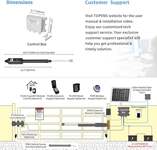 Miniatura 6 de TOPENS A8S - Abridor de puerta solar automático para puerta batiente individual resistente de hasta 18 pies, operador de puerta batiente simple