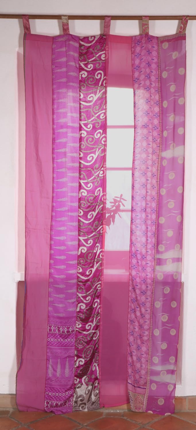 GURU SHOP Vorhang 2 Stück Seidige Upcycling Gardine aus Patchwork Sareestoff, Unikat Vorhänge - Pink/Fuchsia, 250x100 cm