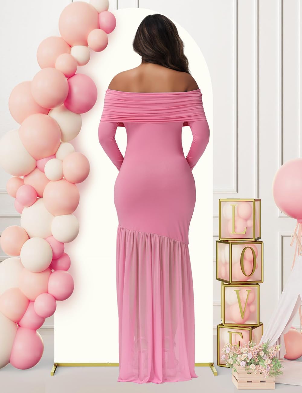 JustVH Maternity Long Sleeve Off Shoulder Baby Shower Dress Party Mesh Paneled Split Maxi Photography Gown for Photoshoot - Image 6