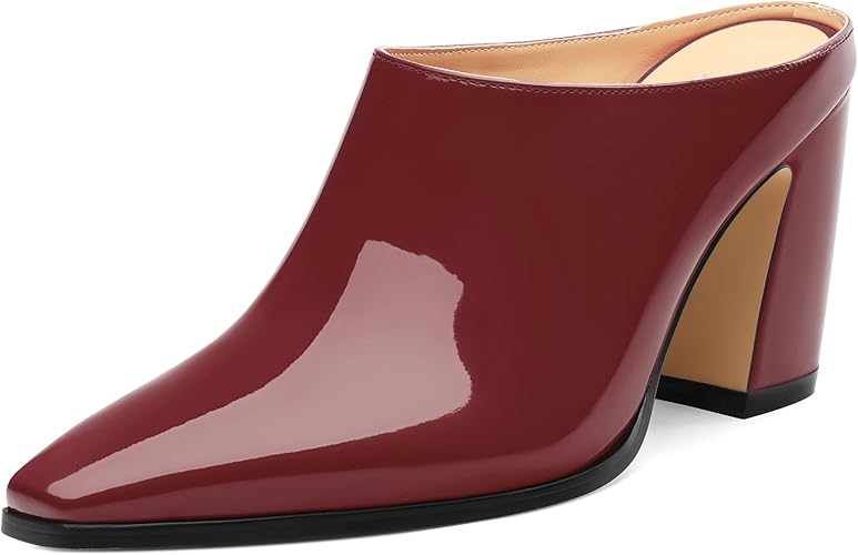 Amazon.com | zasudxie Womens Mules, Closed Square Toe Chunky Heel Mules, High Block Heel Backless Loafers Shoes, Slip On Mules for Women Dress Party Shoes 3.35 Inch Burgundy Patent Size 9 | Mules & Clogs