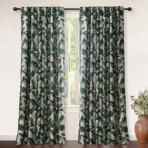 Driftaway Tropical Leaves Botanical Pattern Blackout Room Darkening Back Tabs Lined Linen Curtains Thermal Insulated Energy Saving Window Curtains 2 Panels Each 52 Inch By 84 Inch Linen Textured Green #TOP1