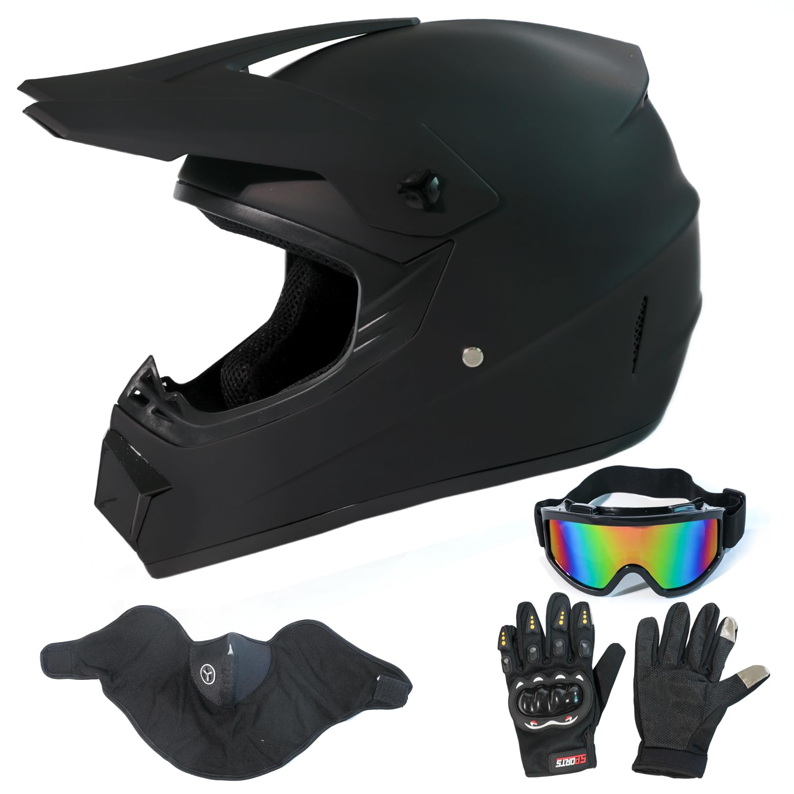 Dirt Bike Helmets Adults Black DOT ATV Motocross Motorcycle Off-Road Street Mountain Bike Fullface with Goggles Gloves Mask Matte Black XL (60-61 cm)
