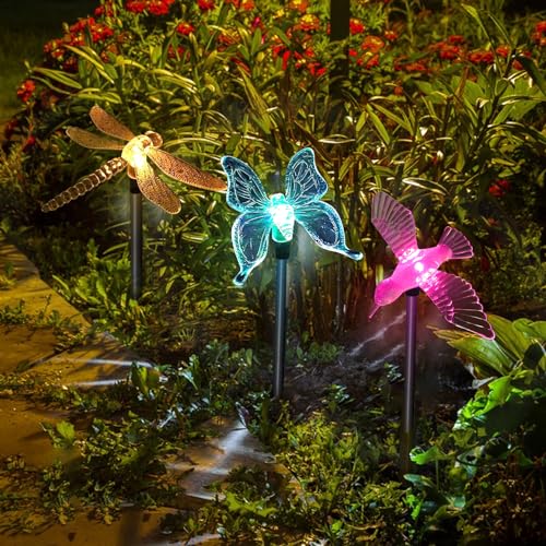 CDIYTOOL Lot de lampes solaires LED multicolores changeantes Libellule, papillon, colibri Piquet...
