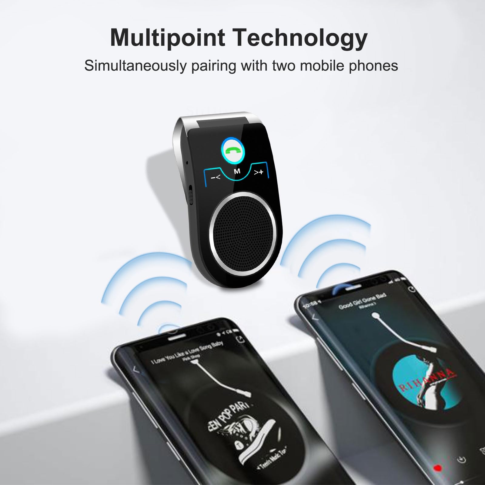 Manos Libres para Coche Bluetooth 5.0, Mini Manos Libres Inalámbrico con Siri y Google Assistant, Conexión de 2 Teléfonos Simultáneamente, Compatible con iPhone y Andriod para Llamadas y Musica