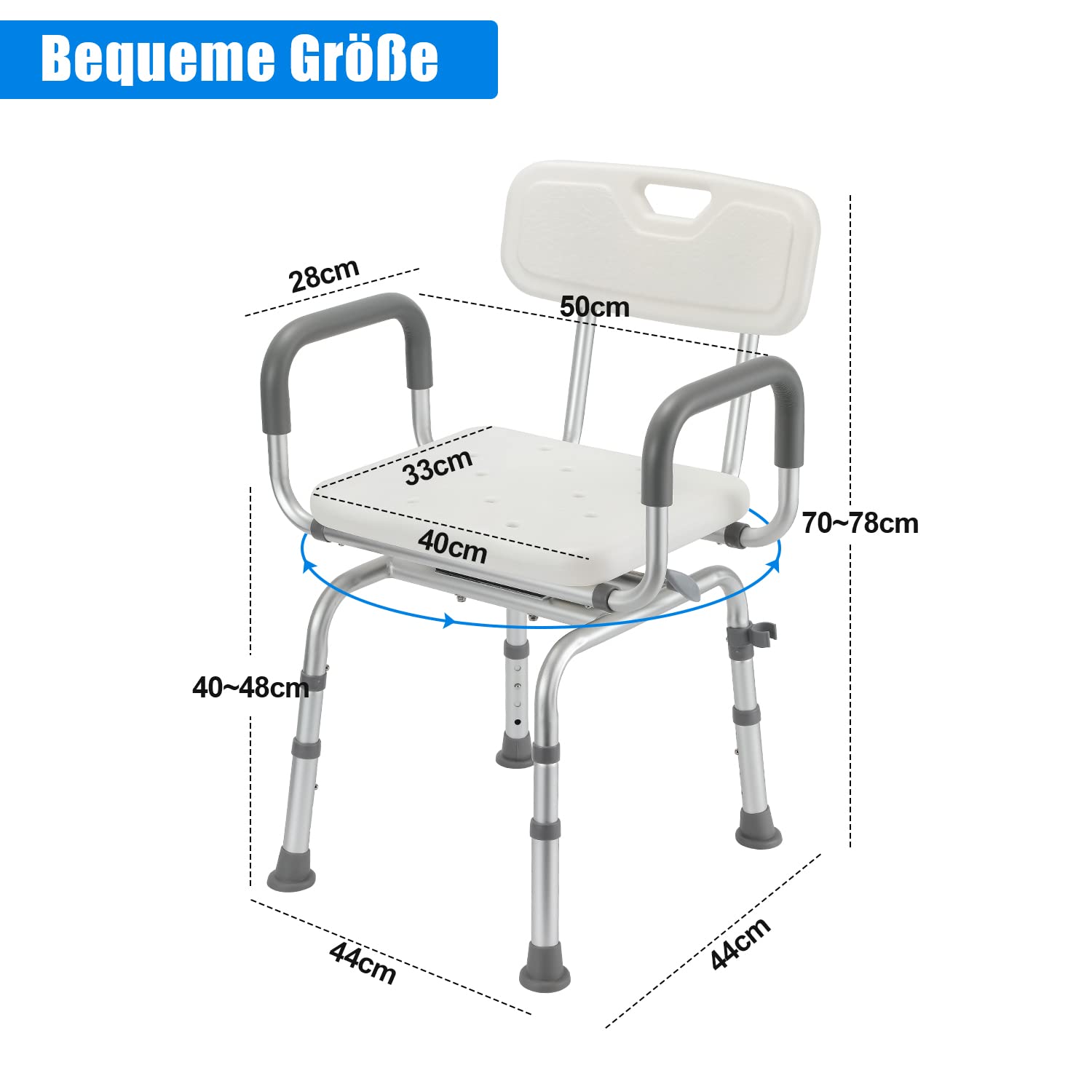 Taboret prysznicowy dla seniorów, siedzisko prysznicowe z regulacją wysokości, krzesło prysznicowe z oparciem i podłokietnikami, aluminiowa pomoc pod prysznic, antypoślizgowa