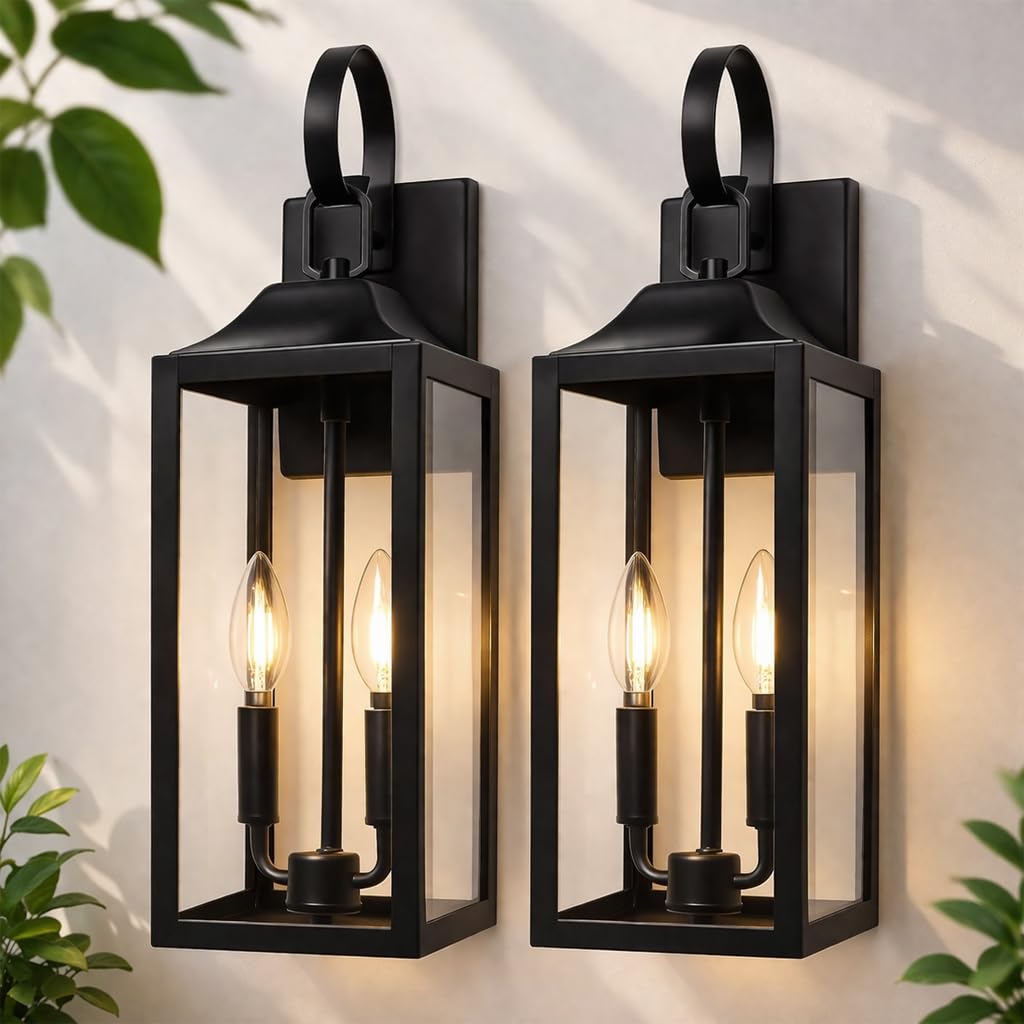 Lampada da Parete per Esterno Nera, Applique Moderna con Vetro Temperato Trasparente, IP65 Impermeabile Antiruggine, Alluminio Pressofuso, Attacco E26, per Ingresso