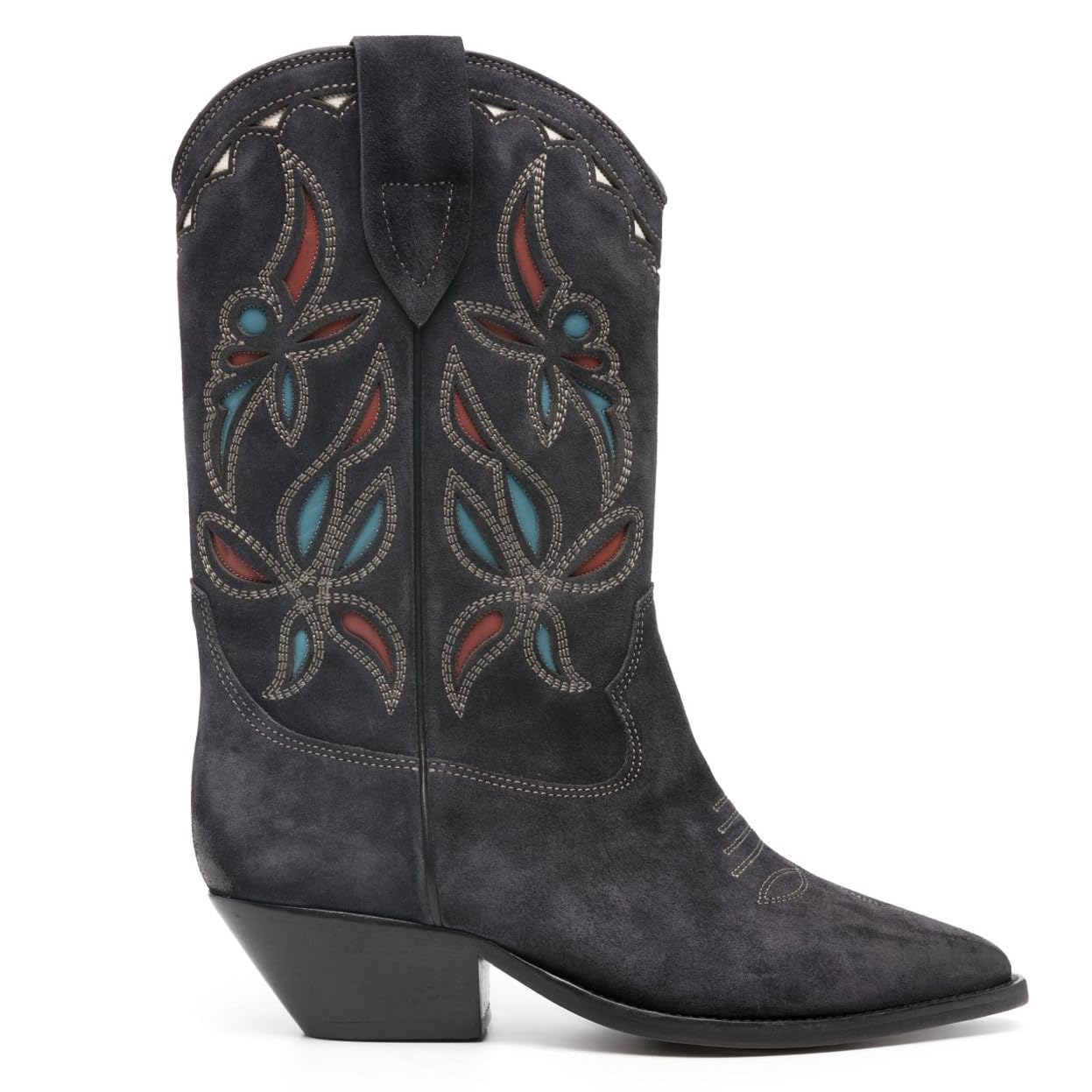 Womens Suede Mid Calf Boots Embroidery Cowboy Booties Wedge Heel Western Short Boots Cut Out Pointed Toe Wedge