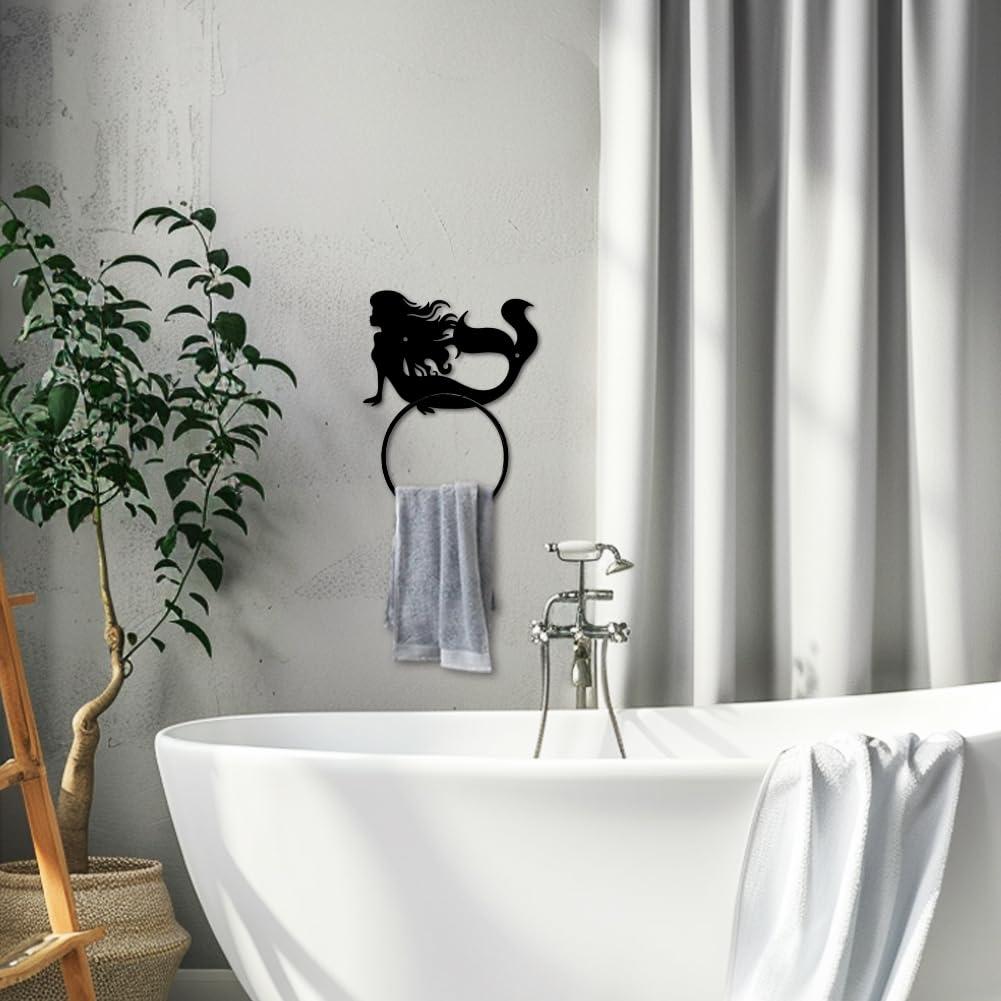 MAYJOYDIY Mermaid Metal Towel Ring Mermaid Sea Hand Towel Holder Round Ocean Theme Towel Hangers Black Bathroom Towel Rack Wall Mounted for Kitchen Bath Home Laundry Room Decors Gifts - Image 4