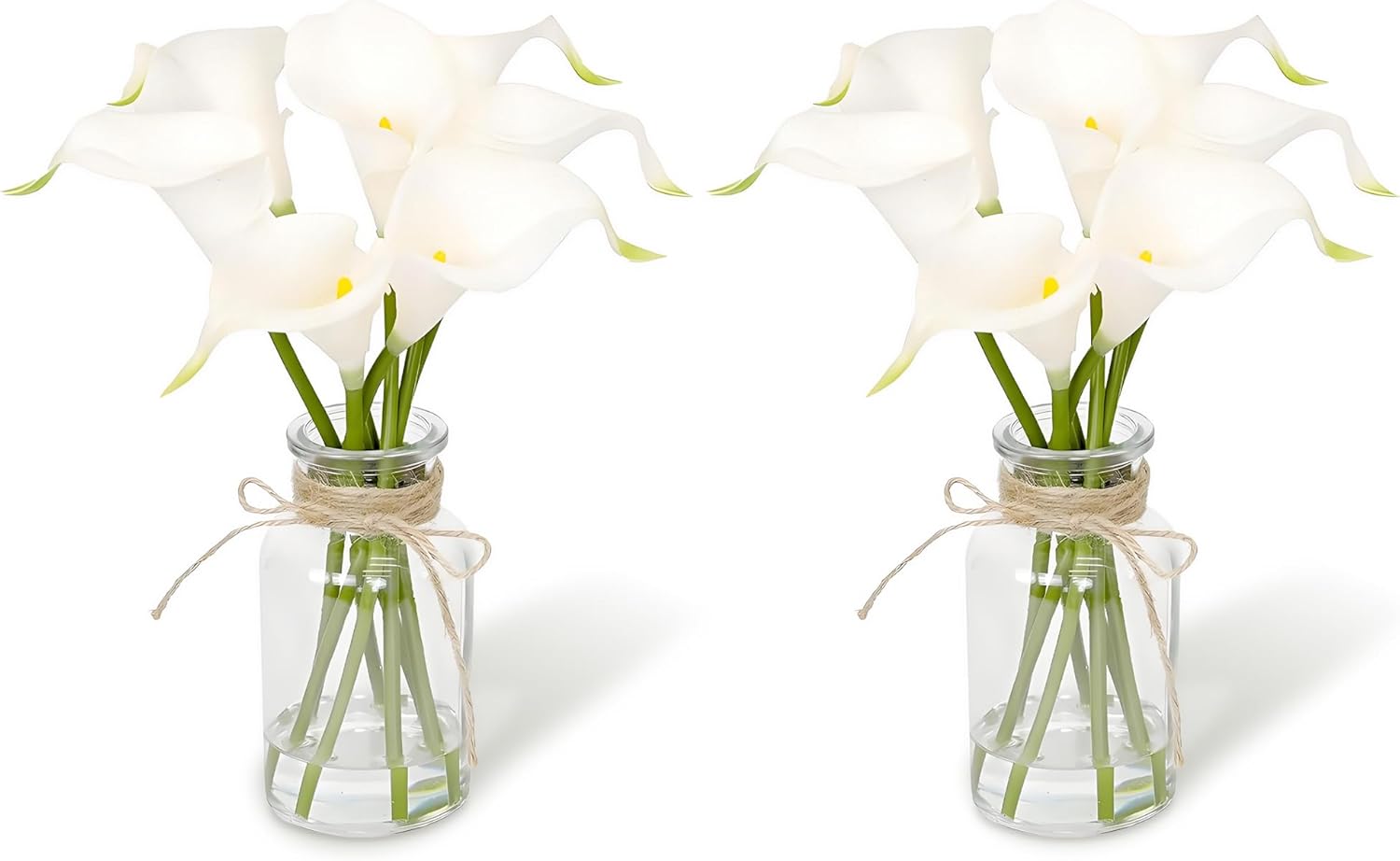 Garvee 2PCS Calla Lily Artificial Flowers in Glass Vase with Faux Water, 6 Pcs Real Touch Latex Fake Flowers for Dining Table Decor, Wedding Centerpieces, Bouquet Party Home Decoration, White
