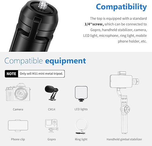 Miniatura 3 de NEEWER Mini trípode de metal, soporte de mesa, trípode compacto de escritorio compatible con grúa M2, Smooth Q2, estabilizador de agarre cardán y